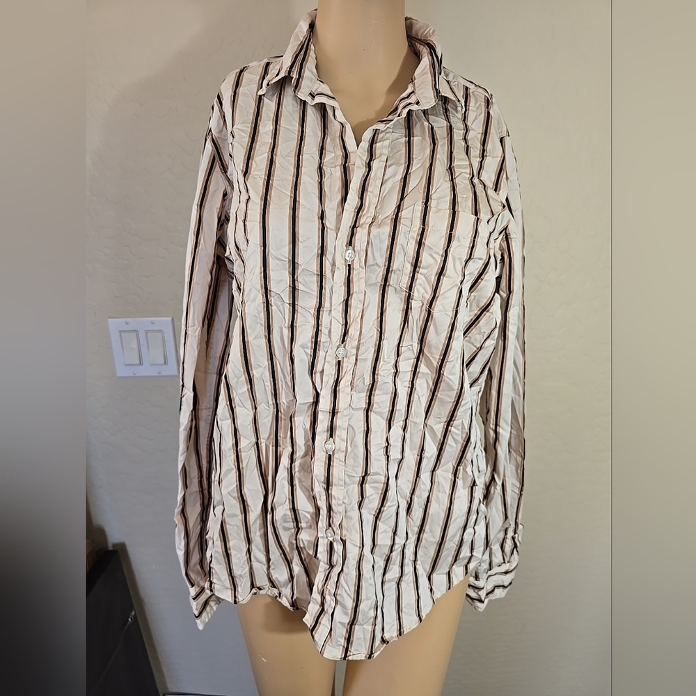 Frank & Eileen Barry Tan & Black Striped Button Up Shirt Size L